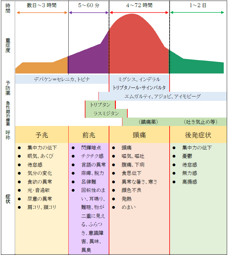 片頭痛発作のフェーズと対応する薬